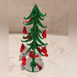 Miniature Glass Christmas Tree with 9 Cardinal Ornaments
